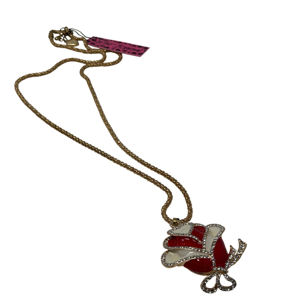 Betsey Johnson Red Rose Flower Pendant Necklace Rhinestone Gold Tone NWT